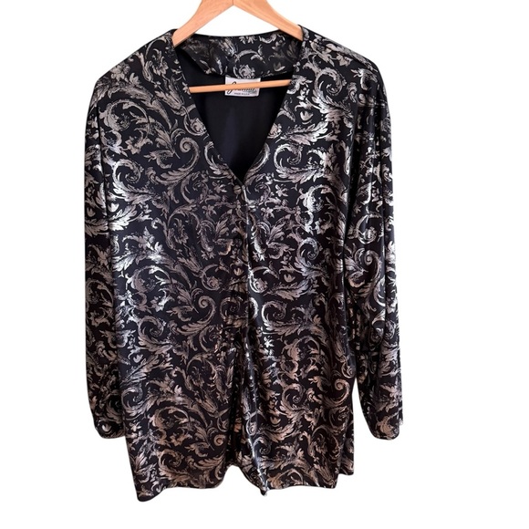 VTG Joanna Black And Silver Button Up Long Sleeve Shirt Large - Picture 2 of 12